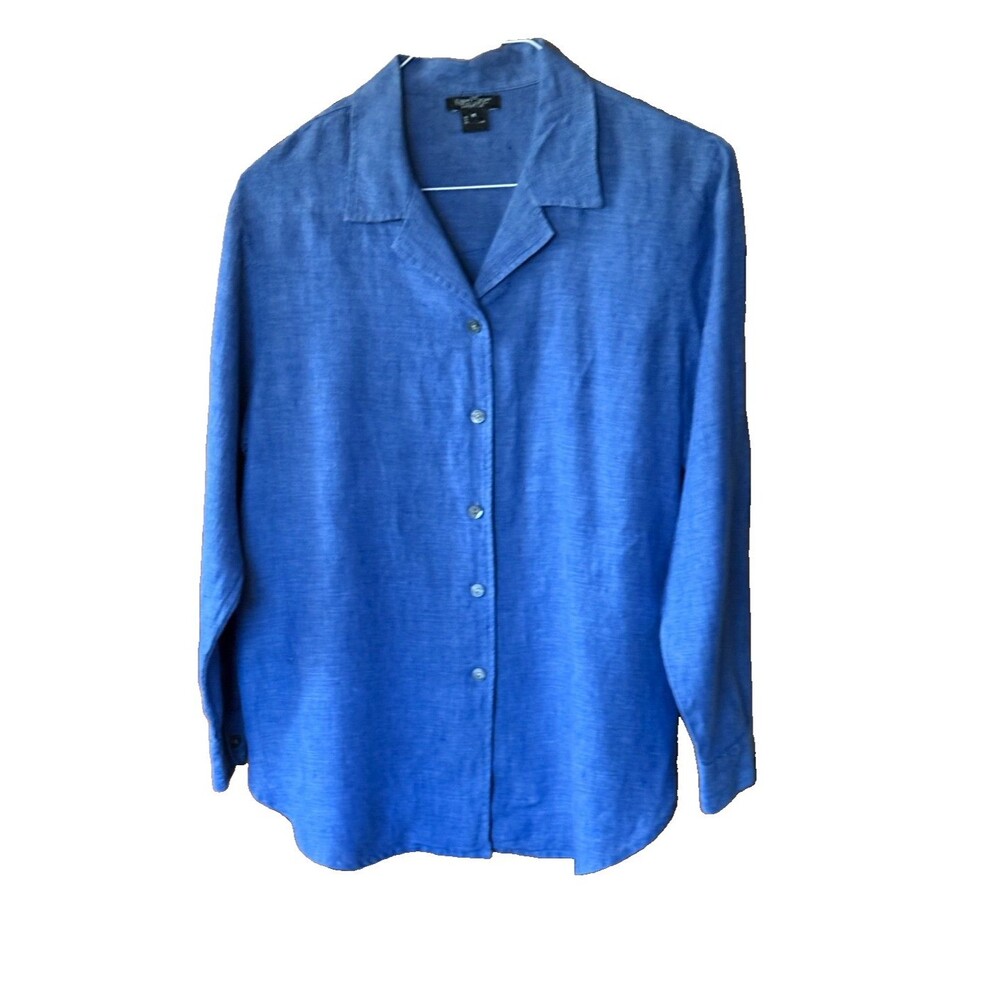 Karen Kane Lifestyle Blue 100% Linen Button Front Blouse Size M EUC